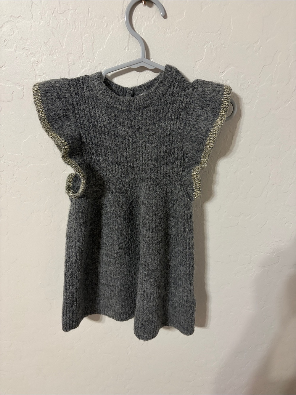 H&M Gray Knit Flutter-Sleeve Dress with Gold Trim